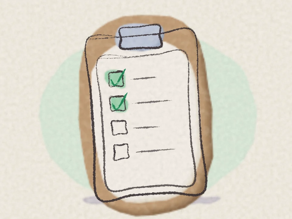 A pencil and watercolour drawing of a clipboard with a checklist, the first items ticked in green.