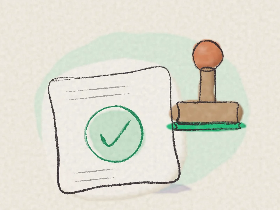 A pencil and watercolour drawing of a rubber stamp beside a sheet stamped with a green tick.