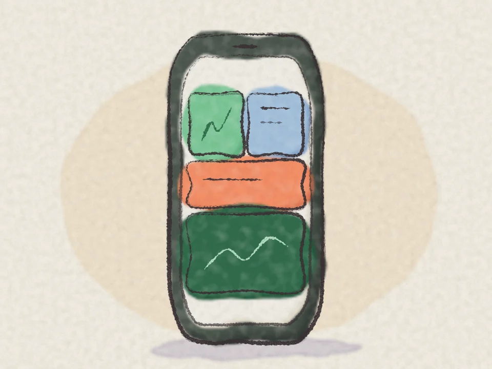A pencil and watercolour drawing of a phone showing the B3 home screen: goal, action, approval and budget tiles.
