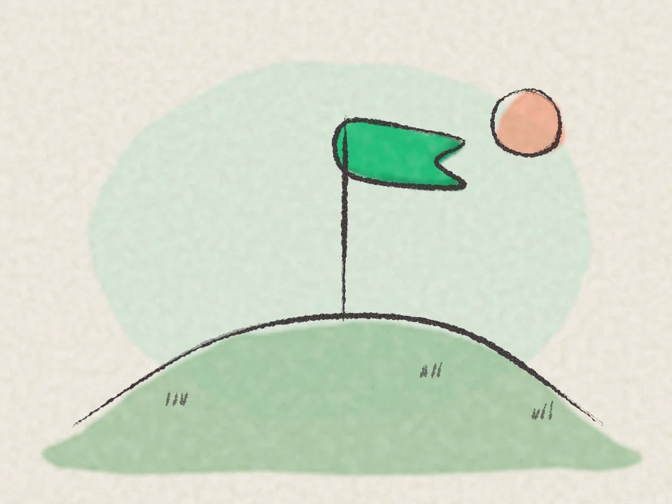 A pencil and watercolour drawing of a green flag planted on a small hilltop.