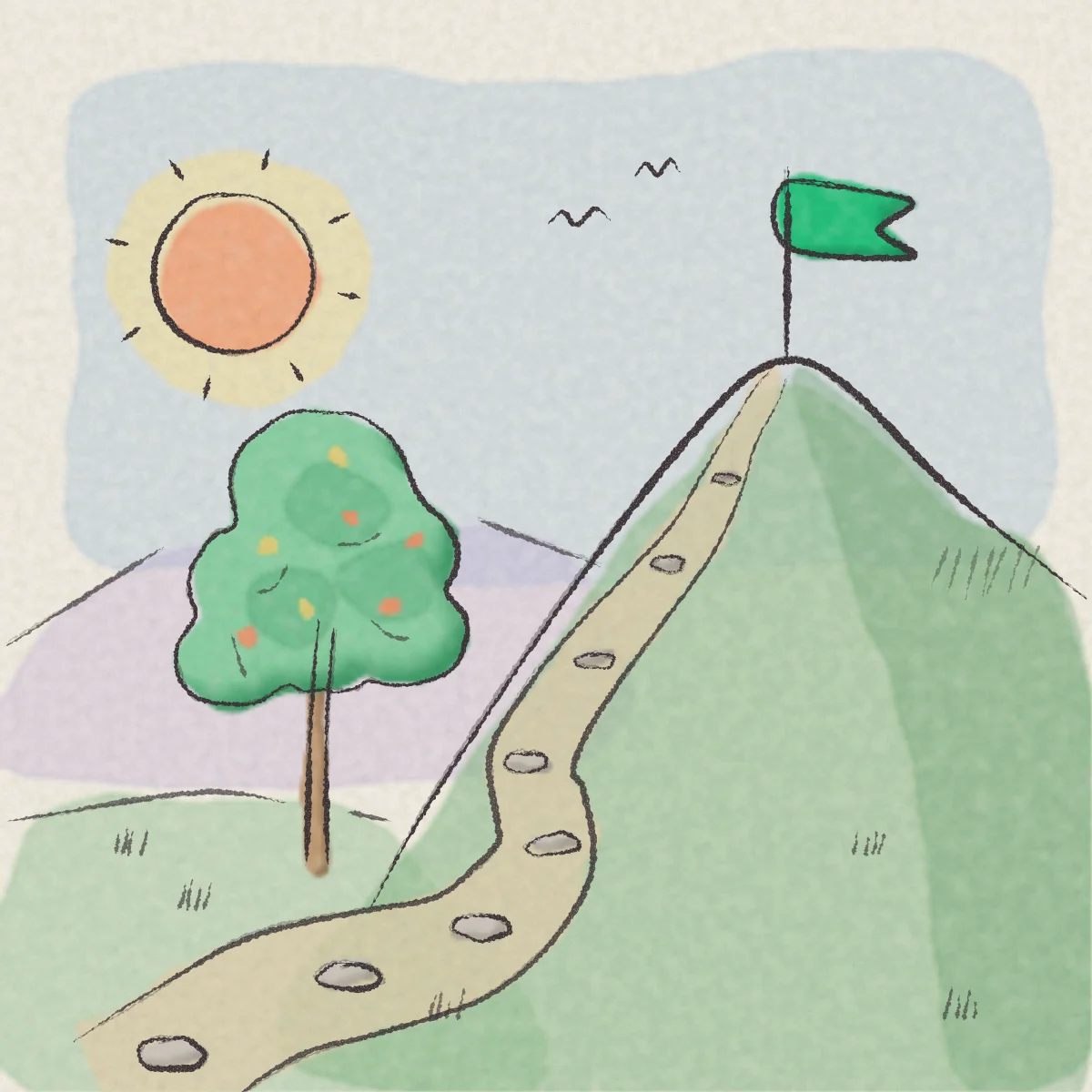 A pencil and watercolour landscape: a flag on a green hilltop, a path of stepping stones winding up to it, and a young tree in leaf beside the path as the sun rises.