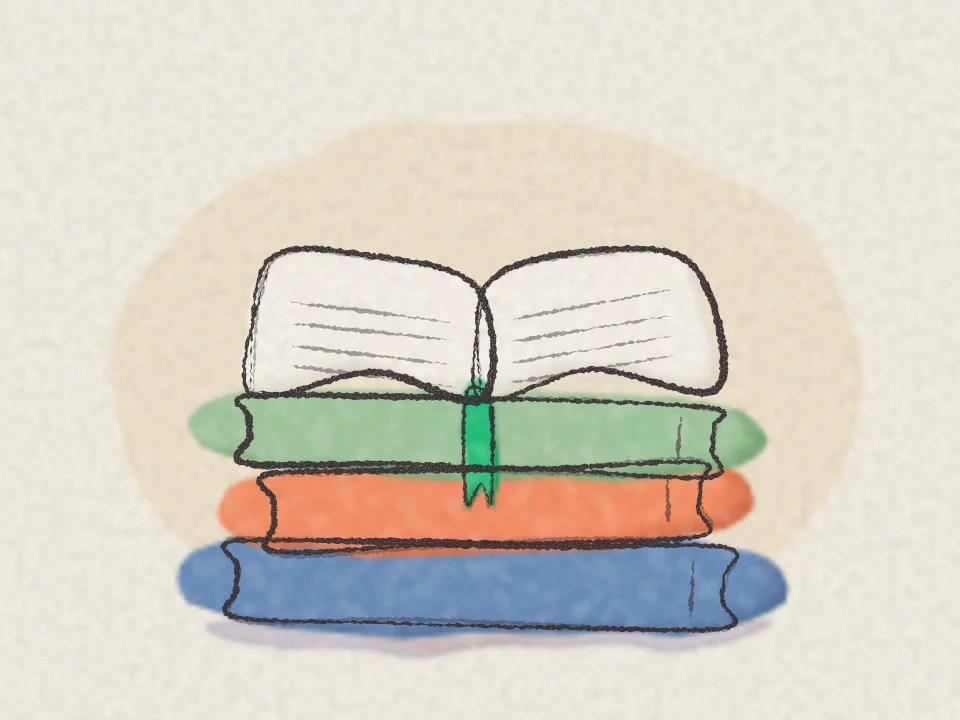 A pencil and watercolour drawing of a stack of books with an open book on top and a green bookmark.