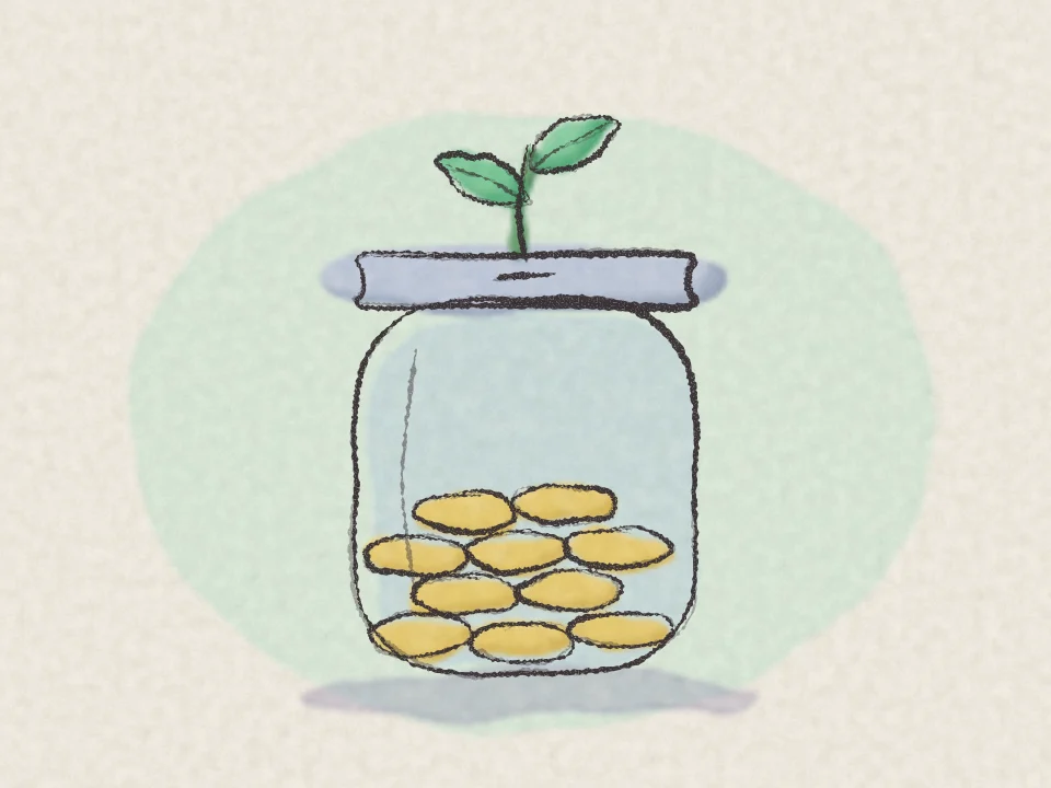 A pencil and watercolour drawing of a glass jar of coins with a small green sprout growing from the top.
