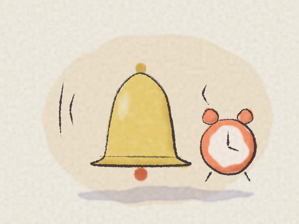 A pencil and watercolour drawing of a ringing bell with a small alarm clock beside it.