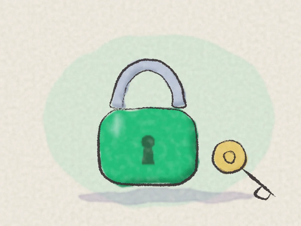 A pencil and watercolour drawing of a closed padlock with a key beside it.