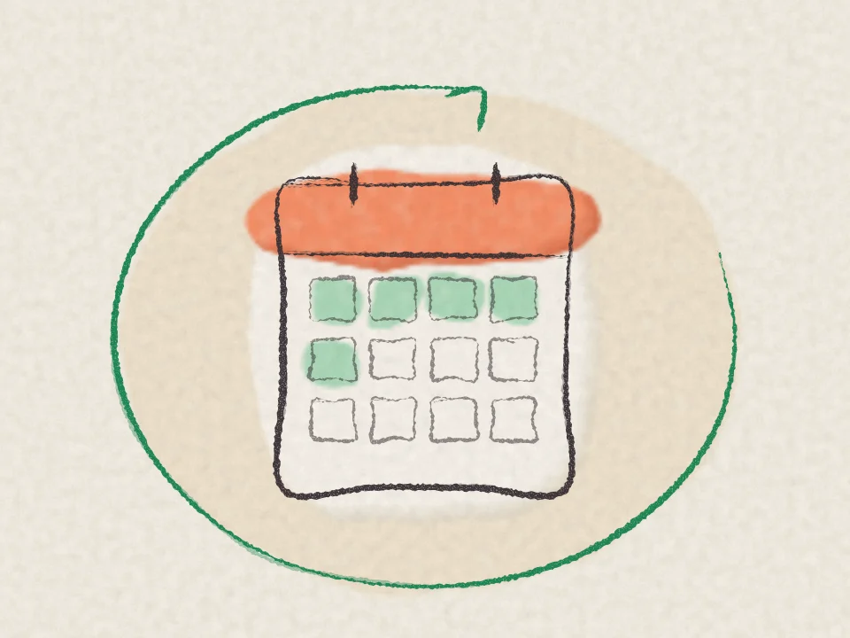 A pencil and watercolour drawing of a calendar page with a looping green arrow around it.