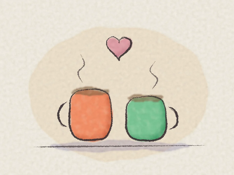 A pencil and watercolour drawing of two mugs of tea side by side, with a small heart rising in the steam.